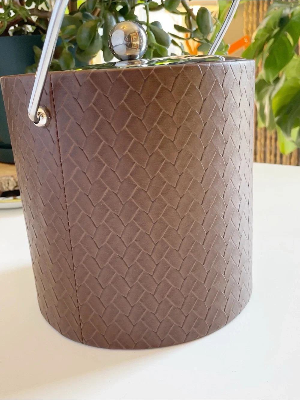 Vintage MCM Kraftsware Brown Braided Leather Ice Bucket | Made in USA